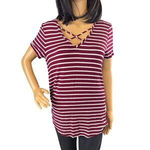 (6 for‎ $25) Emory Park Short Sleeve Cross Strap Top in Maroon/White Size medium